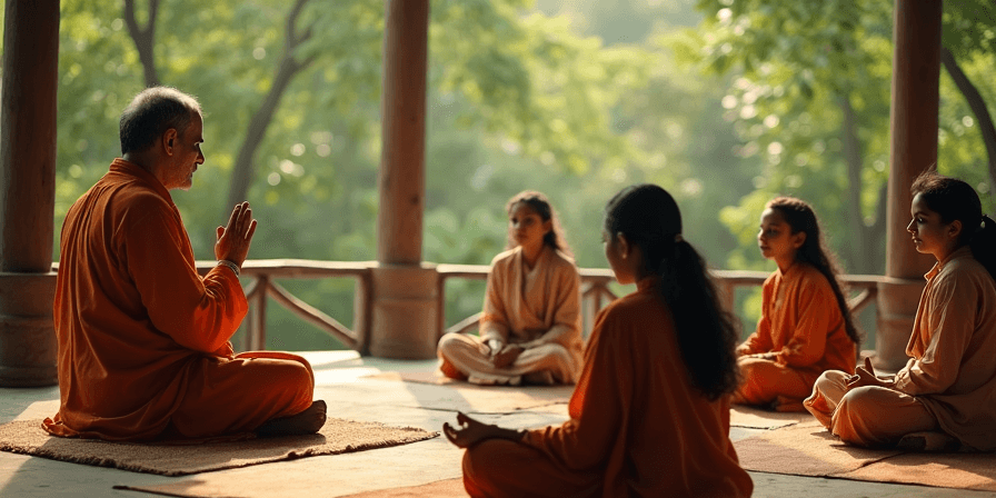 परंपरागत परिवेश में छात्रों को पढ़ाते हुए शिक्षक