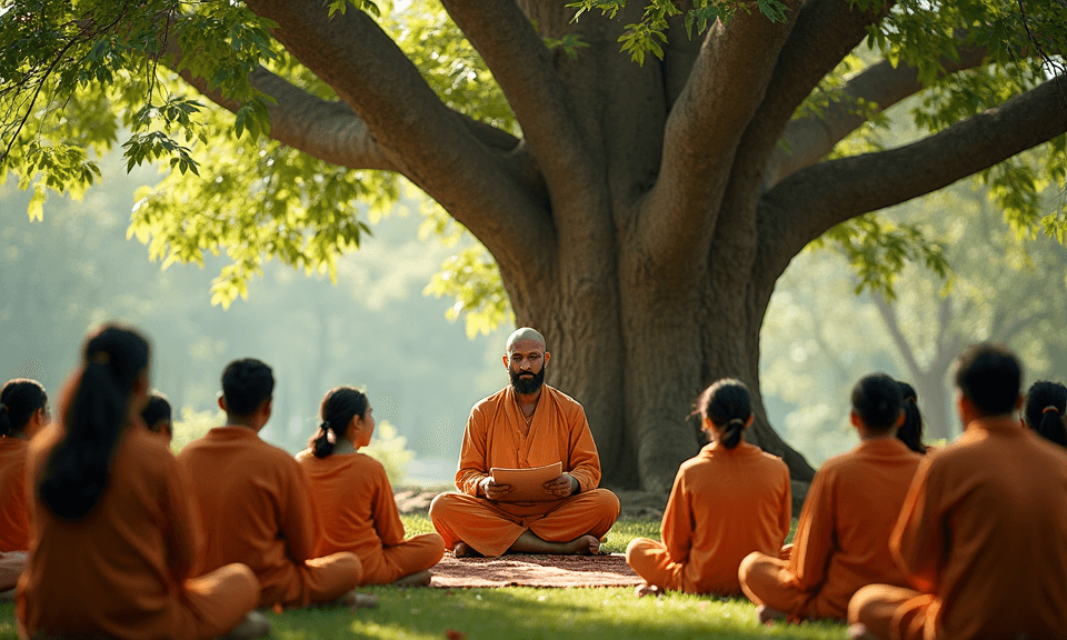 Guru teaching students in traditional Gurukul setting