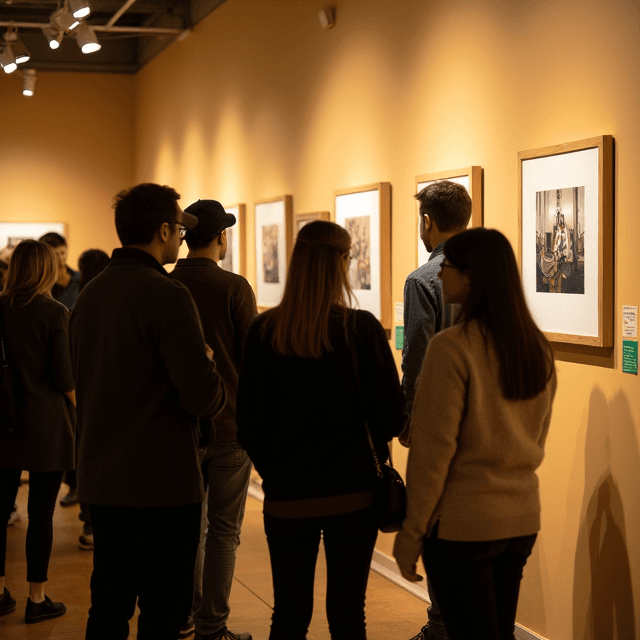 छात्र कला प्रदर्शनी के उद्घाटन पर विभिन्न कलाकृतियों की प्रशंसा करते हुए दर्शक।