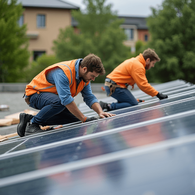 कैंपस सततता पहल के हिस्से के रूप में सौर पैनल इंस्टॉलेशन पर काम करते छात्र।