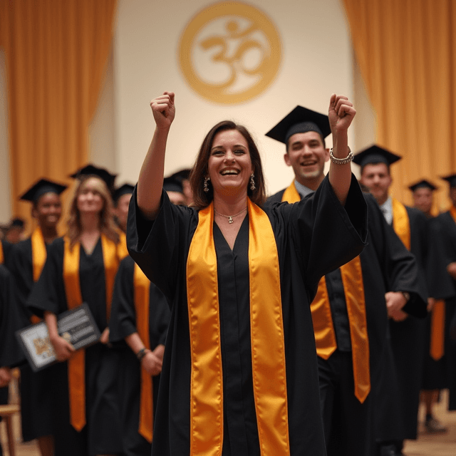 मंच पर टोपी और गाउन में स्नातक 2023 समारोही समारोह में जश्न मनाते हुए।