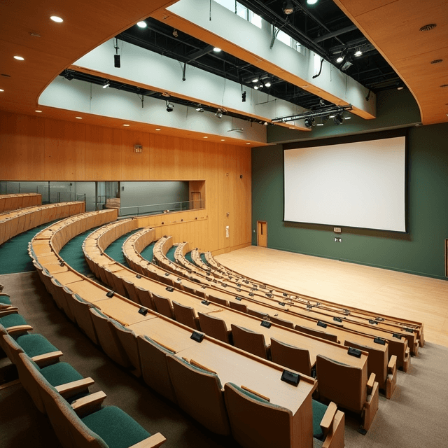 स्तरीय बैठकों और बड़े प्रोजेक्शन स्क्रीन वाला आधुनिक व्याख्यान हॉल, कक्षा के लिए तैयार।