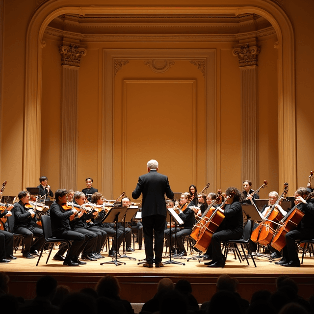 भव्य कॉन्सर्ट हॉल में मंच पर प्रदर्शन करती विश्वविद्यालय ऑर्केस्ट्रा।