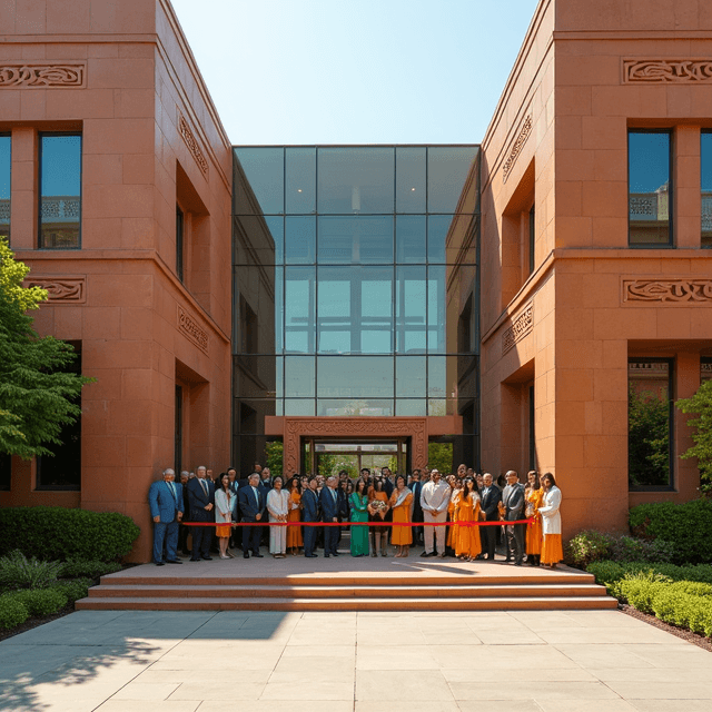 नए अत्याधुनिक इंजीनियरिंग भवन के प्रवेश पर फीता काटने का समारोह।