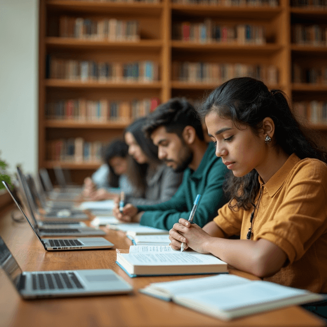 आधुनिक विश्वविद्यालय पुस्तकालय में किताबों और लैपटॉप पर ध्यान केंद्रित करते छात्र।