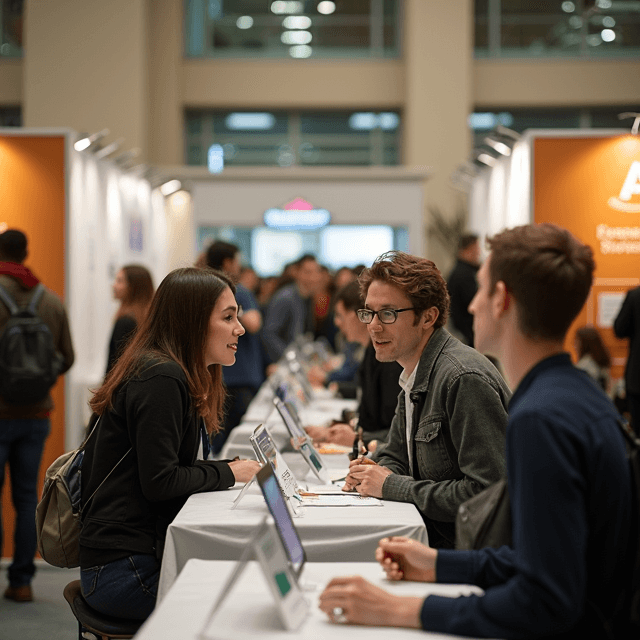 वार्षिक विदेश अध्ययन मेले के दौरान बूथों पर प्रतिनिधियों के साथ बातचीत करते छात्र।