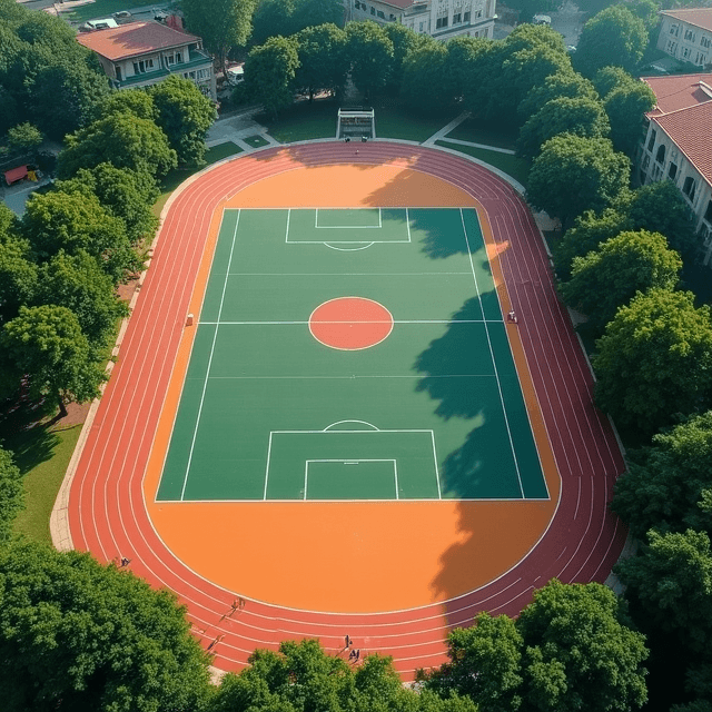 साफ आकाश के नीचे विश्वविद्यालय के बहुउद्देश्यीय खेल मैदान का हवाई दृश्य।